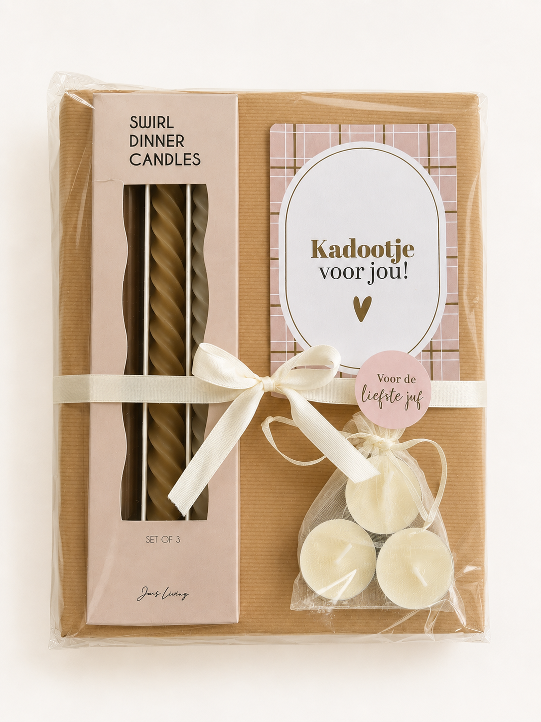 Juf Cadeau | Cadeauset bedankt Juf | Dinerkaarsen, waxinelichtjes & wenskaartje Kadootje voor jou