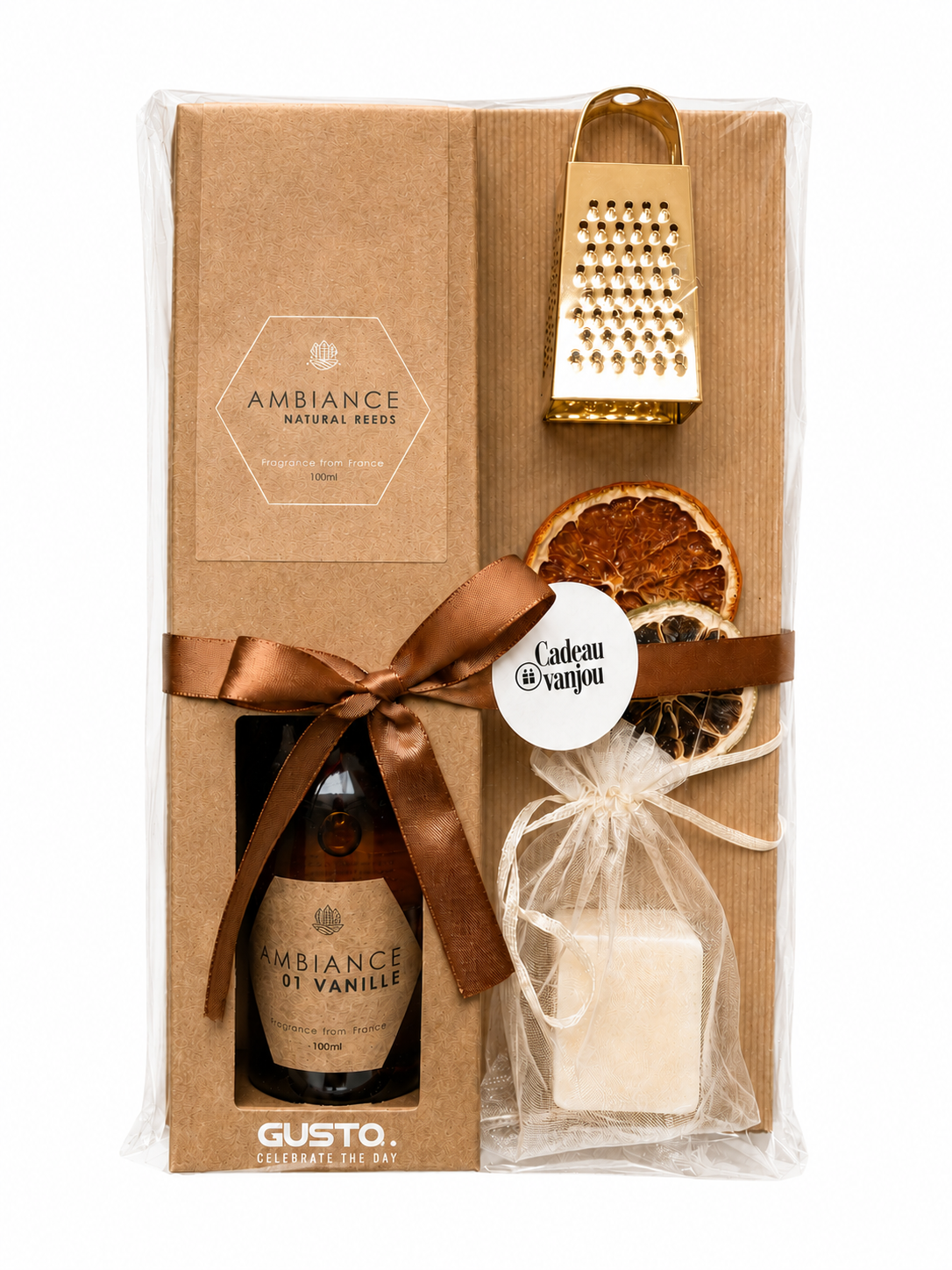 Luxe verwenpakket | Geurstokjes vanille, mini rasp goud & amberblokje vanille