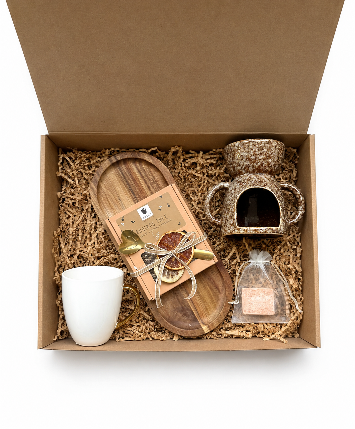 Geur & Geniet | Cadeaupakket (M) met geurbrander, amberblokje, serveerplateau, verse thee & mok